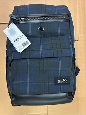 solo Navy Plaid Boyd  Backpack with Black Faux-Leather Base